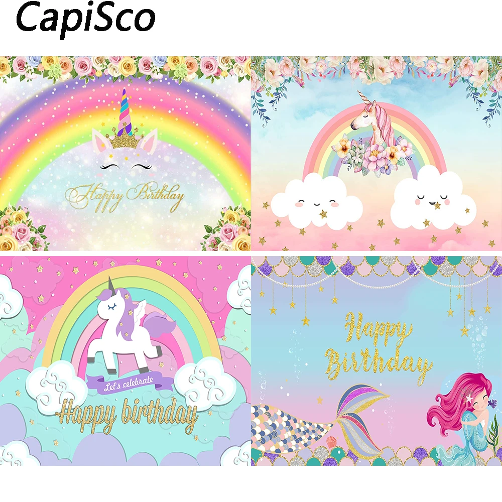 Capisco Unicorn ฉากหลัง Mermaid Rainbow ดอกไม้ Cloud ทารกแรกเกิด Baby Shower Birthday Party การถ่ายภาพพื้นหลัง Photophone