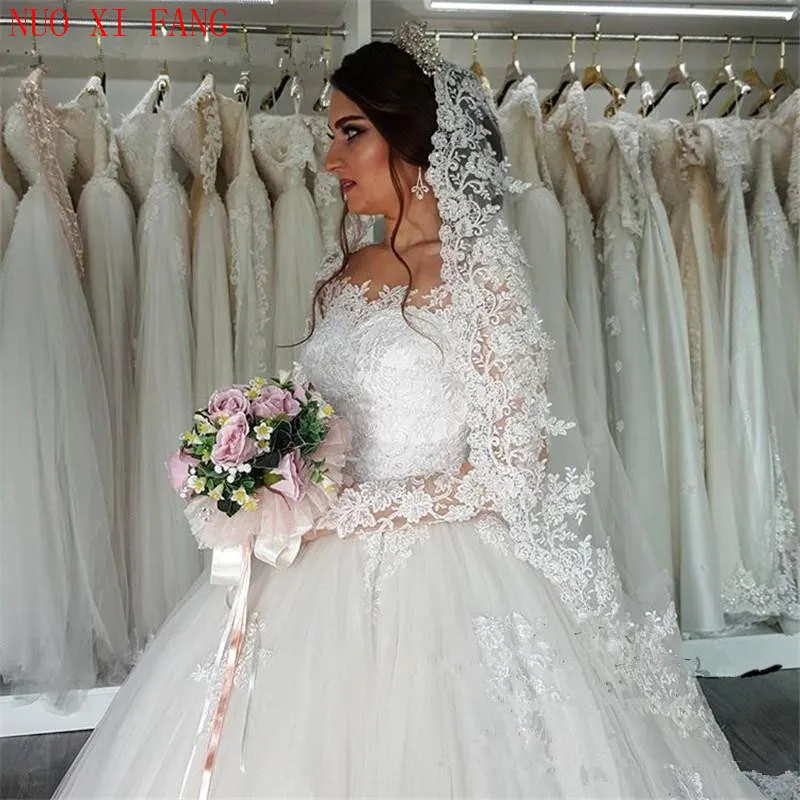 Abito da sposa arabo personalizzato con applicazioni in pizzo Abito da sposa 2025 bruidsjurken maniche lunghe Illusion Scoop Neck Abito da sposa principessa