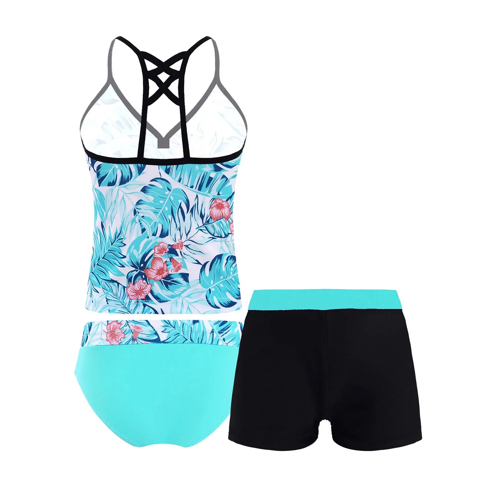 Kids Girls 3 Pieces Tankini Set Swimsuits Floral Printed Bikini Tops with Booty Shorts Bottoms Summer Swimwear Bathing Suit