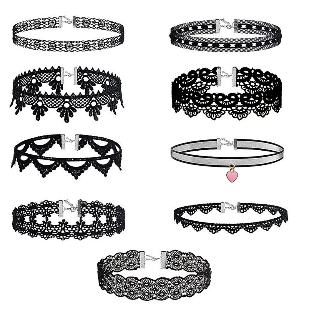 9PCS Random Style Choker Necklace Set Adjustable Gothic Lace Choker Tattoo Necklace Vintage Gothic Jewelry Goth Necklace