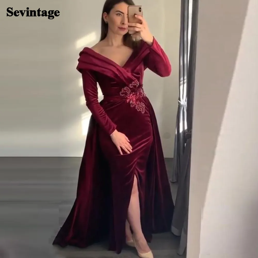 Sevintage plissados com decote em v veludo vestidos de noite 2 peças sereia fenda vestido de baile 2021 mangas compridas rendas formais vestidos de festa femininos