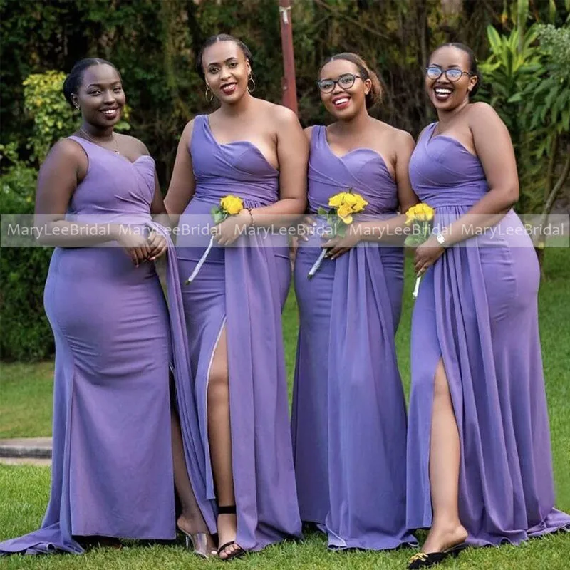 

One Shoulder Purple Bridesmaid Dresses With Streamer 2022 Plus Size Side Spit Long Mermaid Wedding Guest Dress robe de soirée