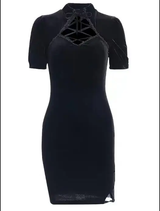 

Chinese Women Cheongsam Diablo Black Summer Short Dress Gothic Vintage Tight