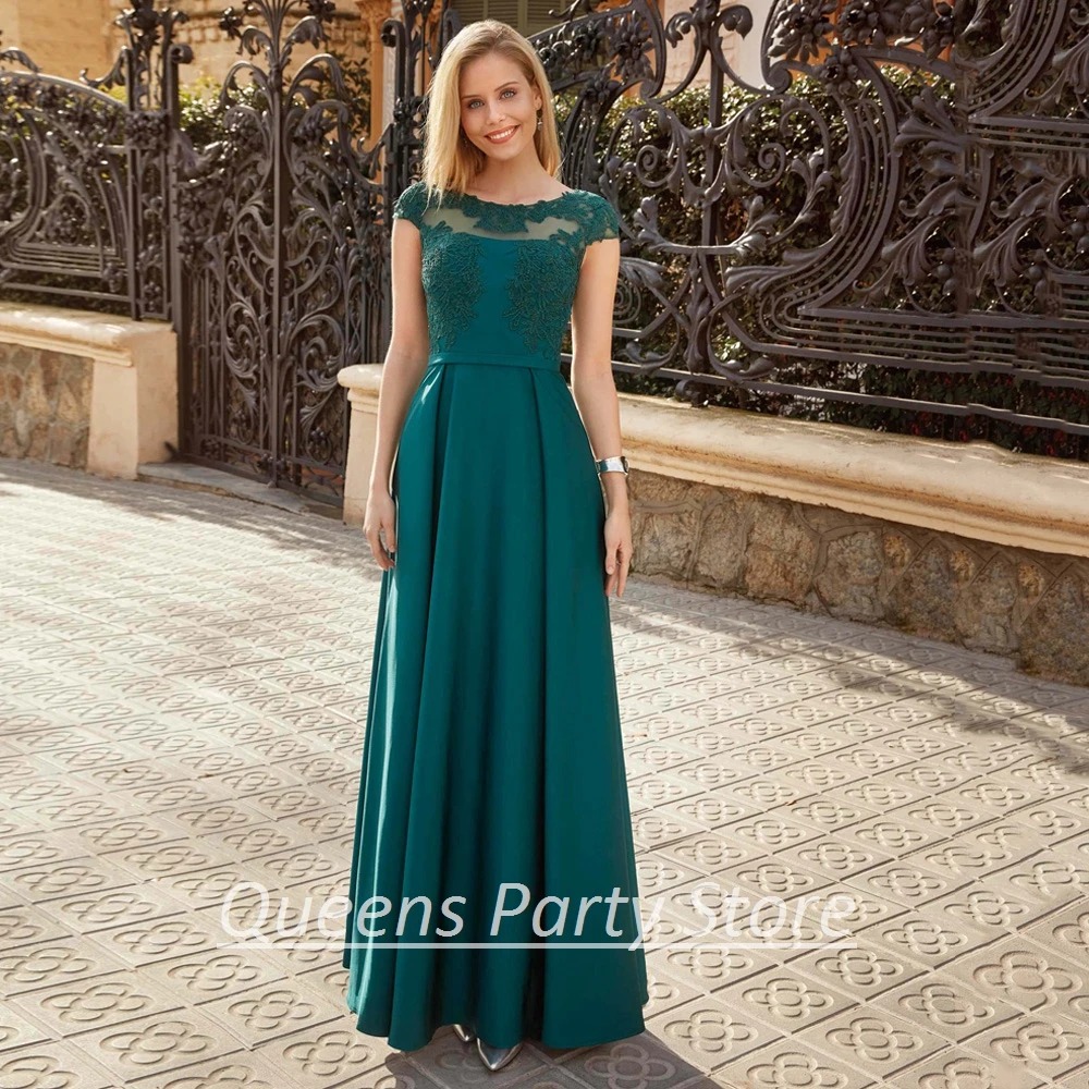 

Emerald Green Satin Mother Of The Bride Dress Scoop Neck Cap Sleeves Beading Appliques A Line Long Party Dresses for Mother