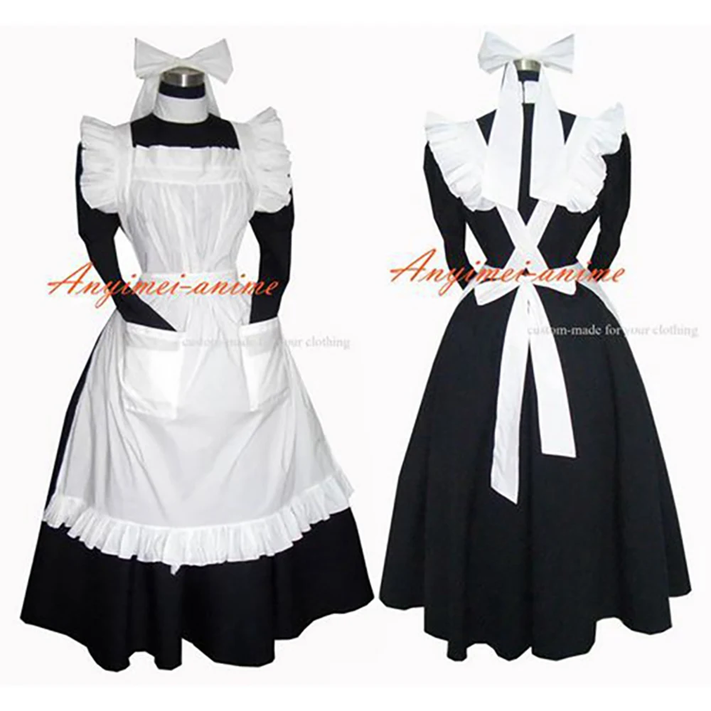 

fondcosplay adult sexy cross dressing sissy maid long black Cotton Dress Lockable Uniform white apron Costume CD/TV[G271]