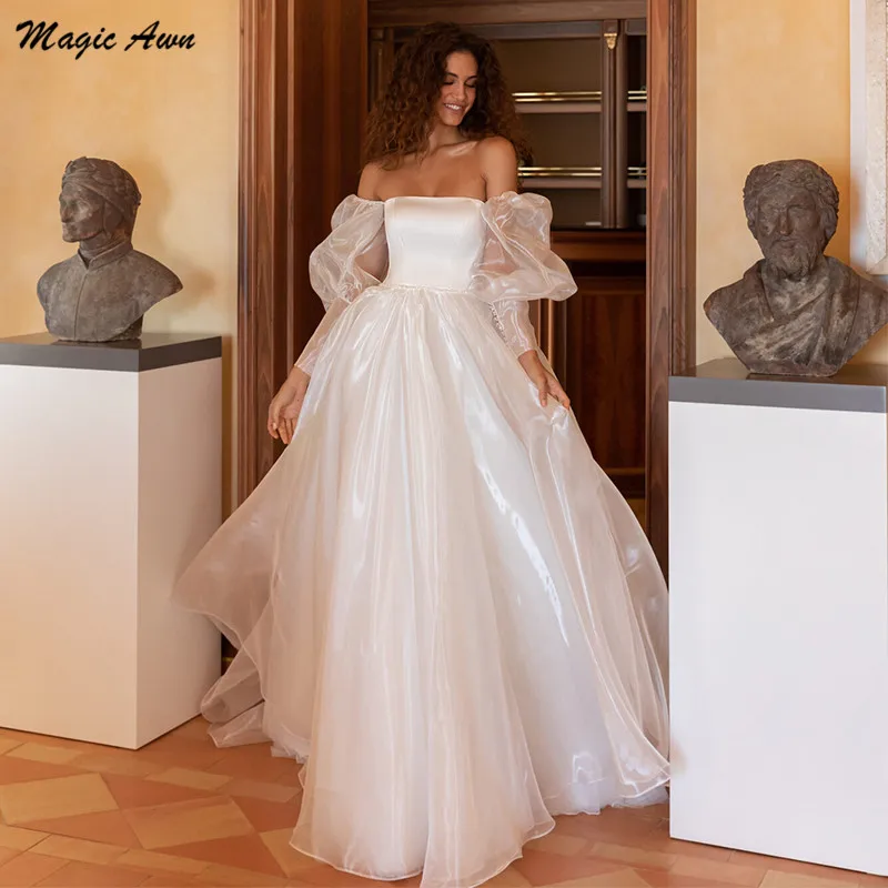 

Magic Awn Shiny Organza Wedding Dresses 2022 Off The Shoulder Long Puffy Sleeves Boho Bridal Gowns Lace-Up Back Robes Mariage