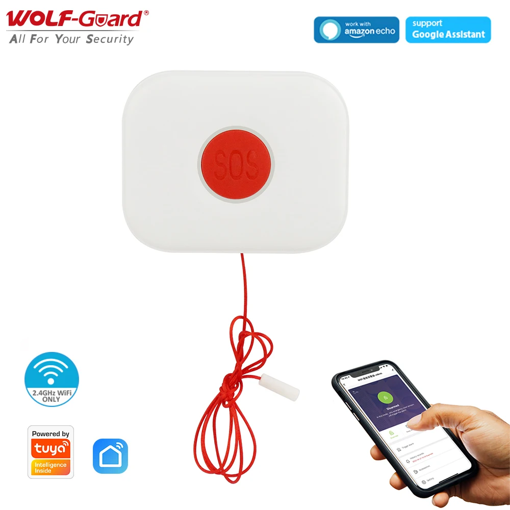 Wolf Guard WiFi SOS Button Health Alert Systems Personal Alarm Security Waterproof for Elder/Child Work with Alexa/Google