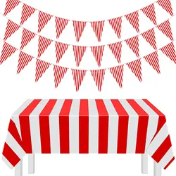 Carnival Circus Xmas Party Red White Striped Plastic Banners Table Cover Decor Rectangle Tablecloth For Movie Night Decorations