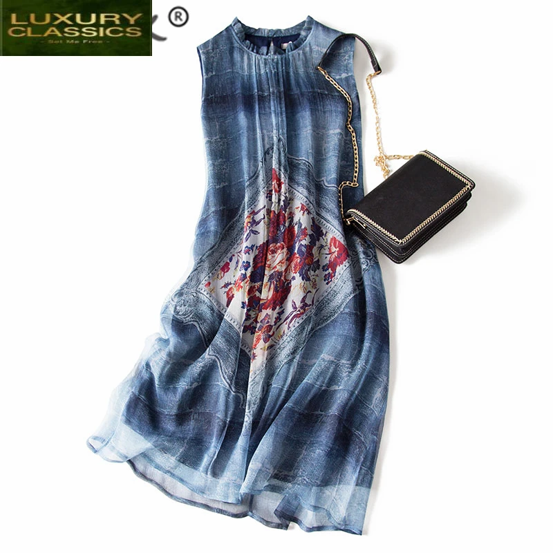 Dress Real Silk Summer Women Clothes 2021 Vintage Sleeveless Floral Woman Dresses Elegant Ladies Boho Party Vestidos 0789