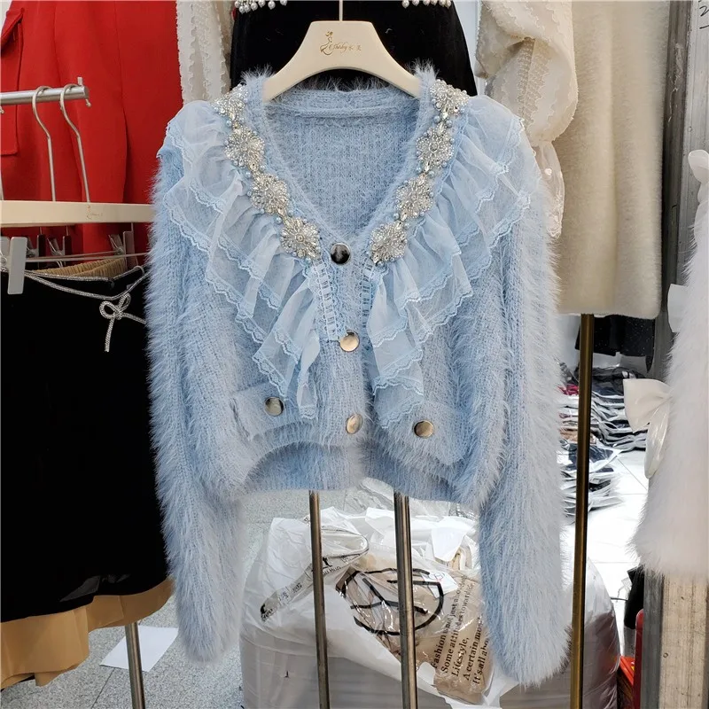 JSXDHK Fashion Luxury Ruffles Patchwork Mohair Cardigan Women Fall Winter Soft Beaded Diamonds Blue Knitted Short Sweater Jacket