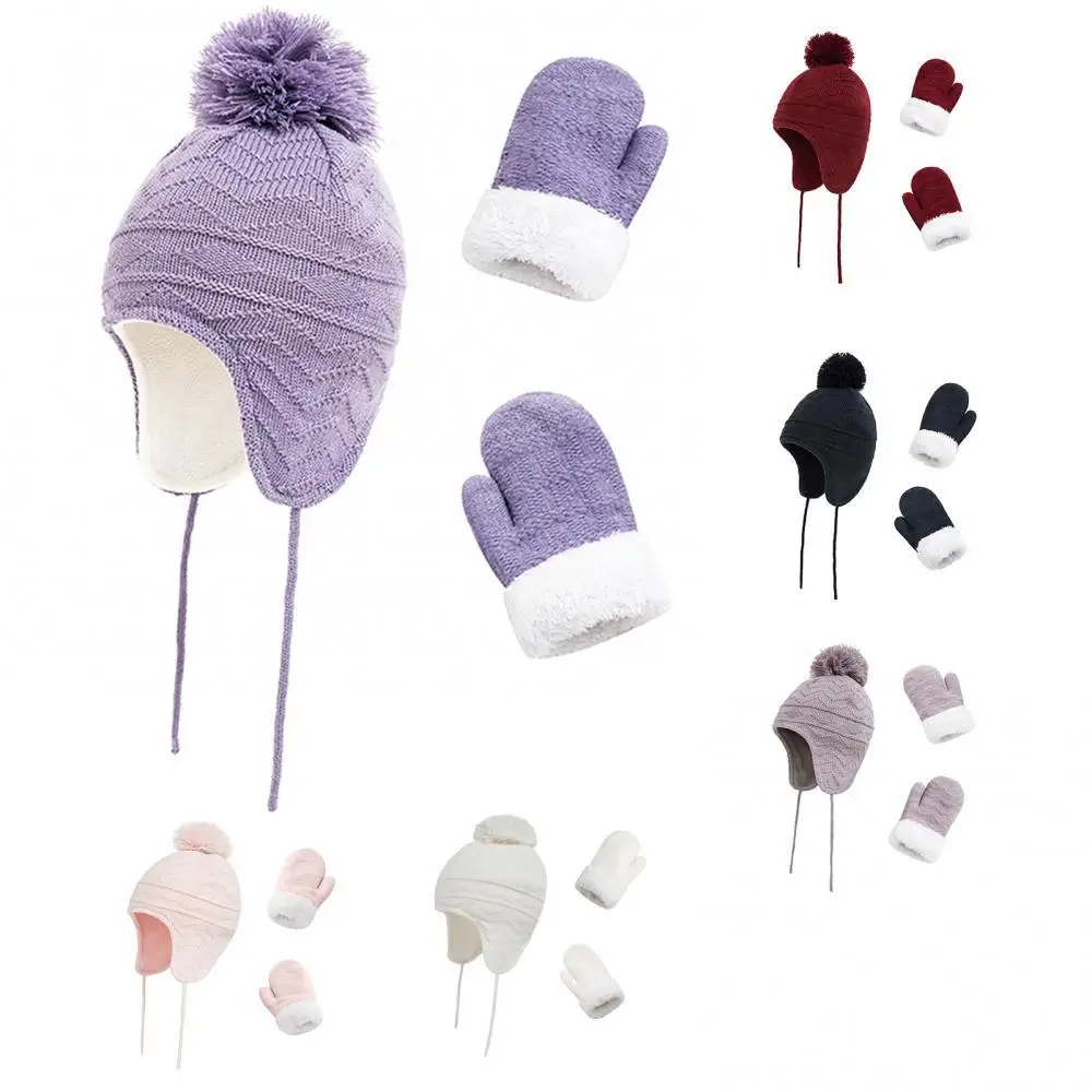 Winter Ear Muff Thick Mitten Children's Cap Gloves Hat Glove Hats Sets Fashion Kids Warm Knitted Pompom Caps Gloves Beanies