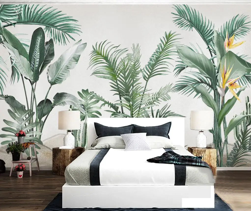 Custom Wallpaper tropical plant leaves modern minimalist hand-painted plants small fresh background wall Murals 3D Wallpaper