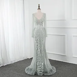 YQLNNE Couture Sage Long Sleeve Evening Dresses Sparkling V Neck Tulle Crystals Beaded Luxury Evening Gown Party Dress Mermaid