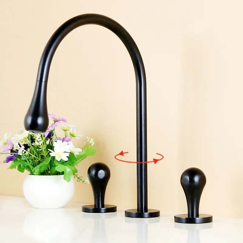 Top quality solid brass black / chrome 3 holes 2 handle bathroom sink faucet Cold hot water basin mixer faucet tap