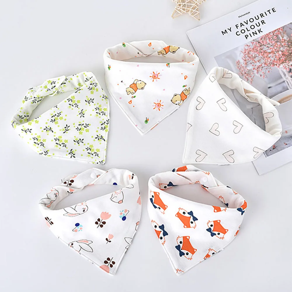 5pcs/lot Baby Bibs Triangle Double Cotton Bibs Cartoon Print Saliva Towel Baby Boys Girls Feeding Apron Cotton Bandana Bibs