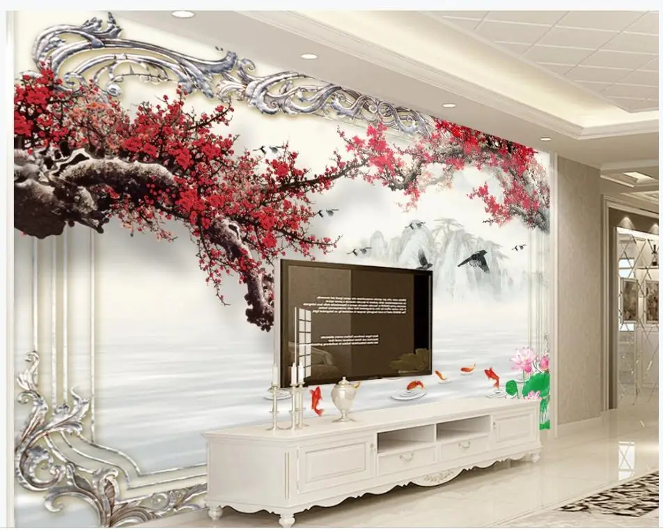 Chinese plum blossom new Chinese TV sofa background wall painting modern wallpaper for living room