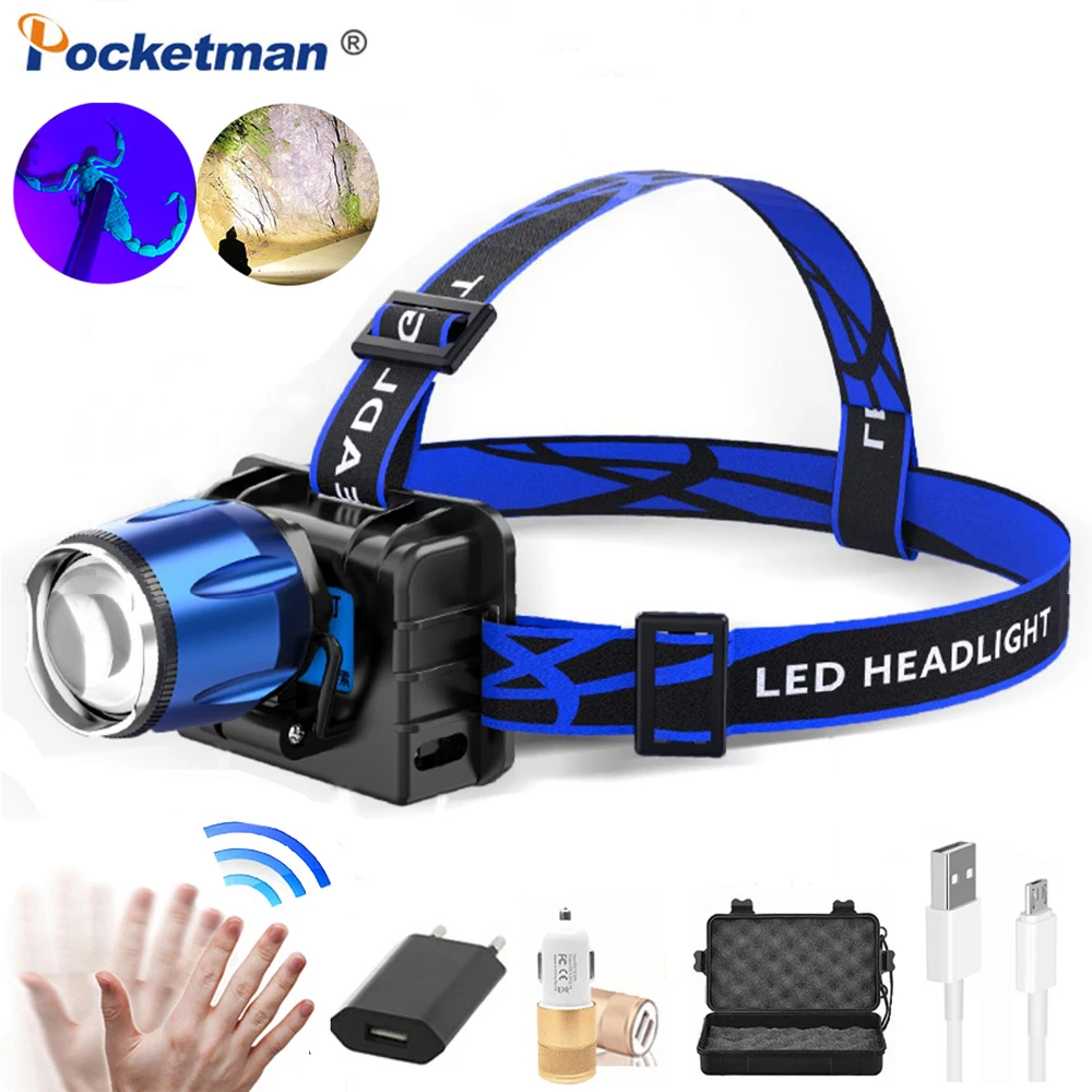 

2 In 1 Powerful UV Headlamp USB Rechargeable Zoom violet/white Light Headlights UV Flashlight Head Torch Scorpion Catching Lamp