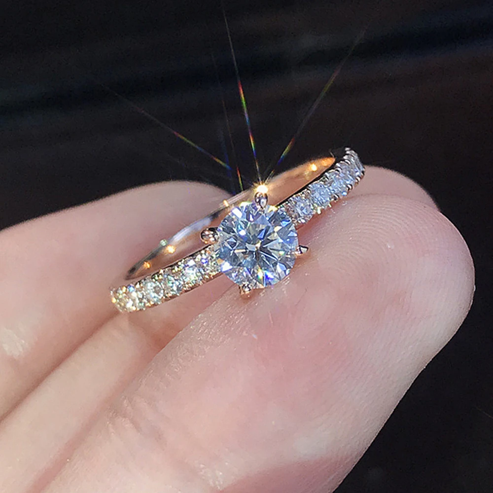 Huitan Klassisches 4-Krallen-Design, rund, Zirkonia, für Damen, Hochzeit, Verlobungsringe, 3 Farben erhältlich, zurückhaltender Brautschmuck, heißer Verkauf – Detail 1