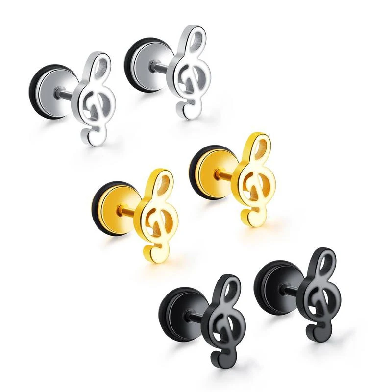 Hip-Hip Note Music Studs Earring Stainless Steel Musical Instrument Earrings for Men Boy Fashion Punk Male Jewelry