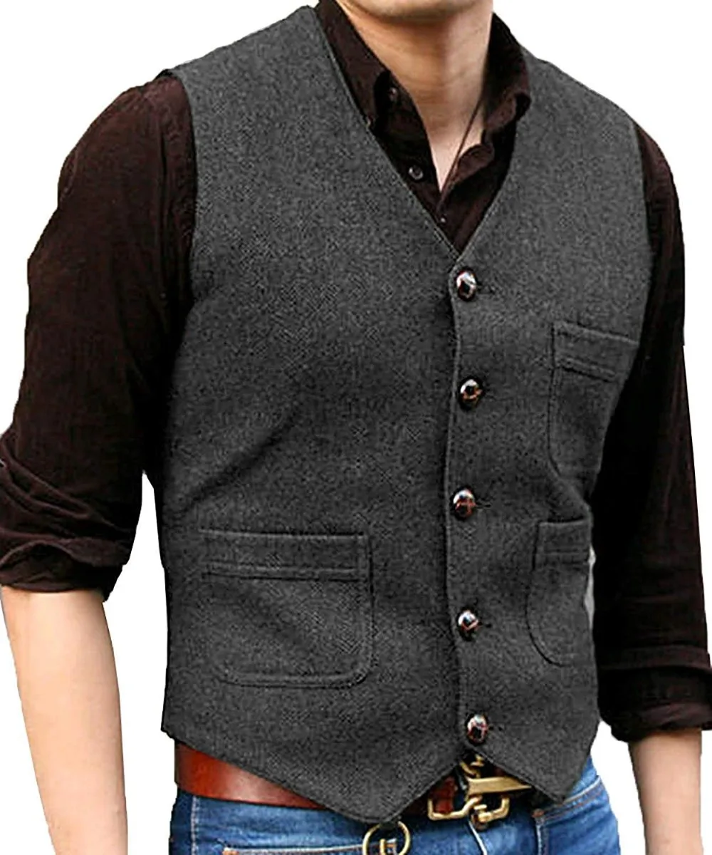 Latest Men Vests Tweed Suit Business Vest Steampunk Waistcoat Jacket Brown Black Vintage Style Groomsmen Clothing For Wedding