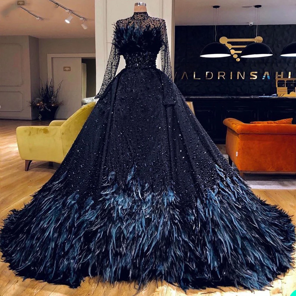 

Feather Pearls Navy Blue Prom Dresses Long Sleeves Evening Dress Custom Made Beads Floor Length Party Gown