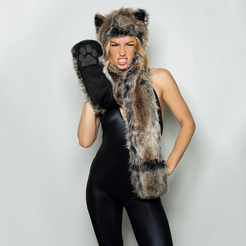 New Wolf Animal hoods cute animal faux fur hat cap women mens fashion warm animal fur hats with gloves