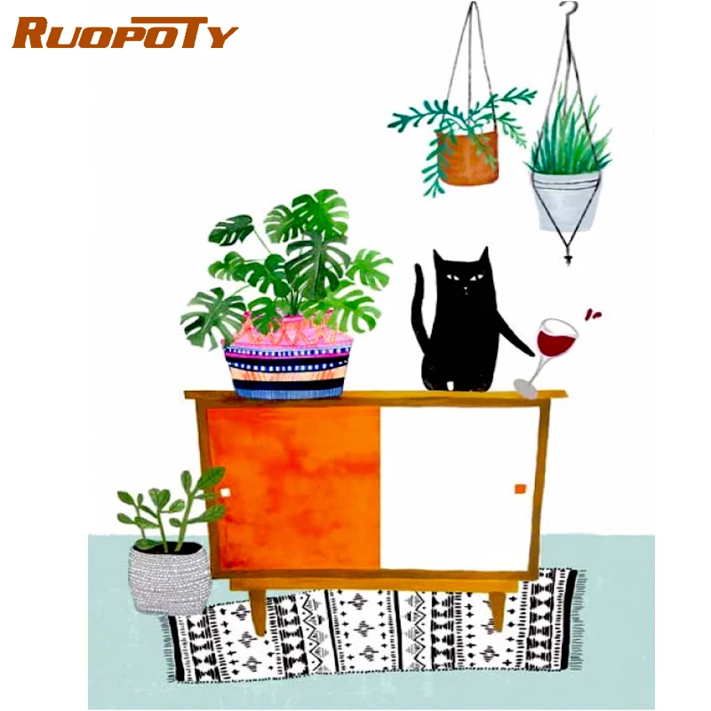 RUOPOTY Frame Diy Painting By Numbers Kits Bookshelf Cat Animals Wall Art Picture By Numbers For Home Decors Artwork 60x75cm