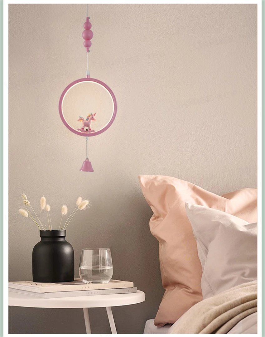 

Cartoon Pink Unicorn Bell Pendant Lamp Modern Girl Princess Children's Room Bedside Hanging Lighting Dining Room Bedroom Fixture