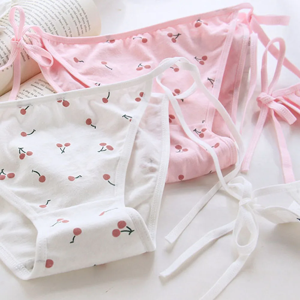 Cherry Wit Roze Katoenen Naadloze Slipje Lolita Meisjes Bandage Slips Lingerie Voor Vrouwen Diy Tie Boog Strappy Ondergoed