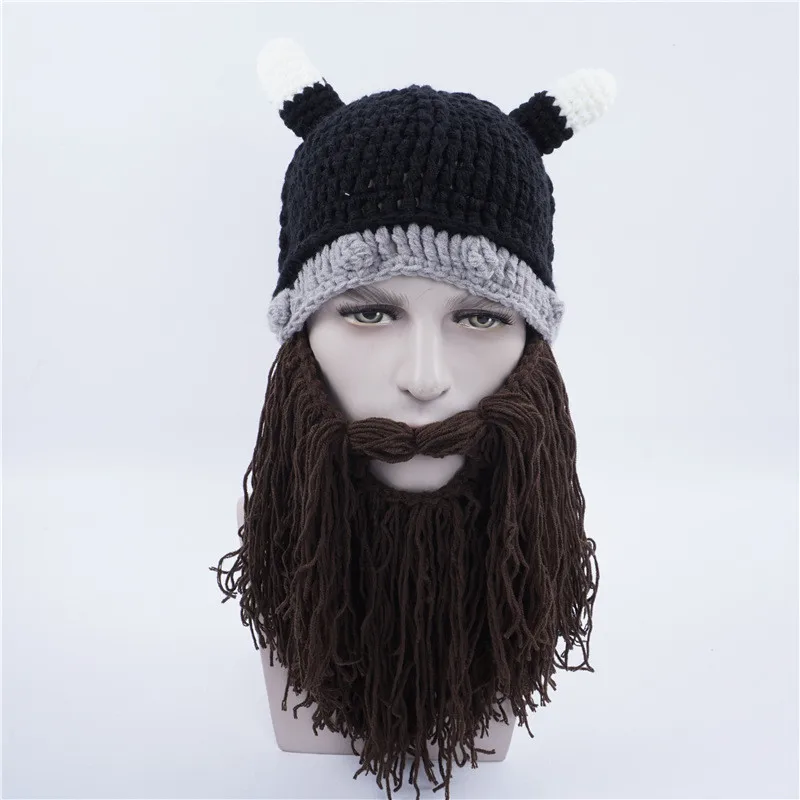 2019 Creative Halloween Men Hats Autumn Winter Keep Warm Personality Horned Beard Mask Hat Wool Knit Funny Festival Party Caps image 5