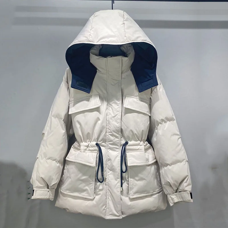 

NICE Winter Loose Drawstring Waist Hooded Thick Down Parka Cotton Padded Coat Women Mid-Length Outwear