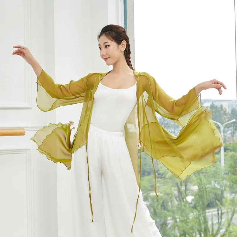 Adult Classical Chiffon Belly Dance Side Tie Top Split Transparent Cardigan Blouse Long Costume for Women Dancing Clothes Wear