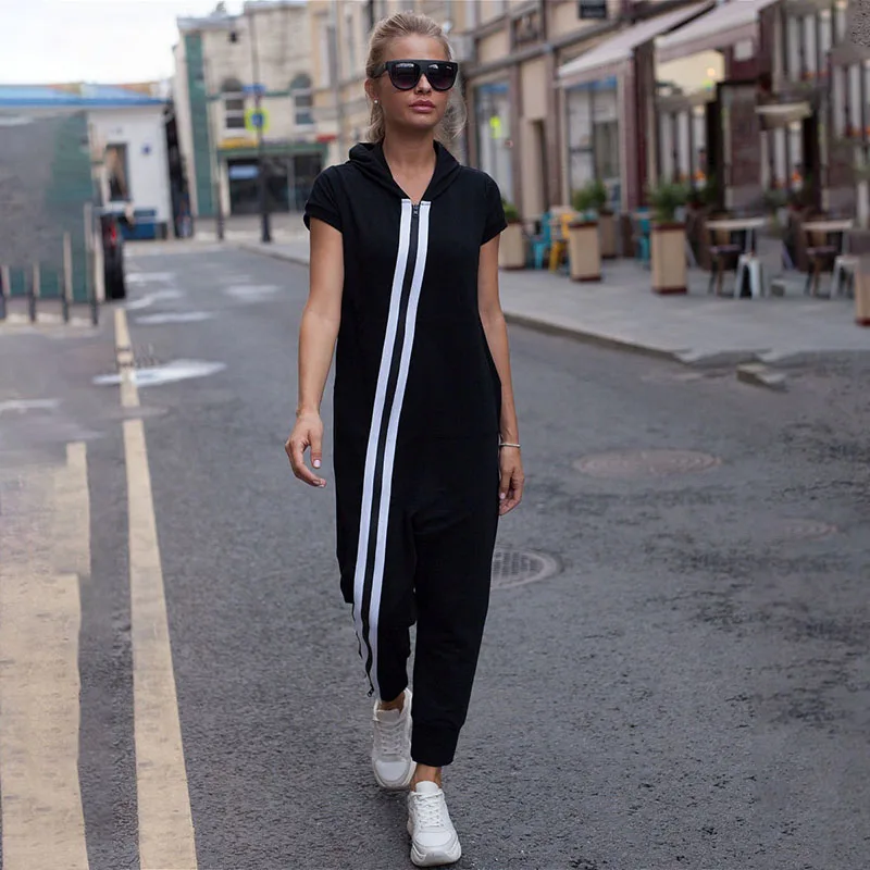 

Oshoplive Women Fashion Striped Zipper Hooded Jumpsuits 2024 New Summer Short Sleeves Casual Simple Black Black Jump Suits