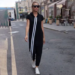 Bonboho Summer Women's Casual Jumpsuit Black Hooded Short Sleeves Striped Overall Streetwear Loose Fit Outfit One-piece Suit