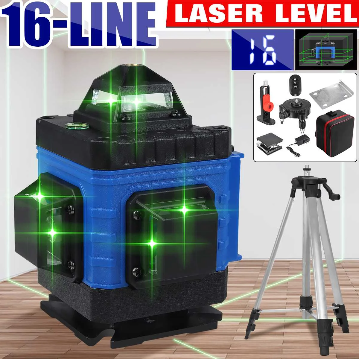 16 Lines 4D Laser Level Green Laser Line Self Leveling, Horizontal Lines &360 Degree Vertical Cross with 1xBattery for Outdoor