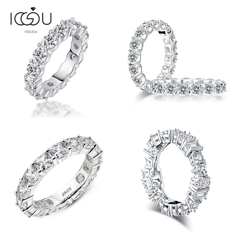 IOGOU 925 Sterling Silver Round Cut Full Eternity Ring for Women Cushion Cut Sona Simulated Diamond Wedding Engagement Band Ring