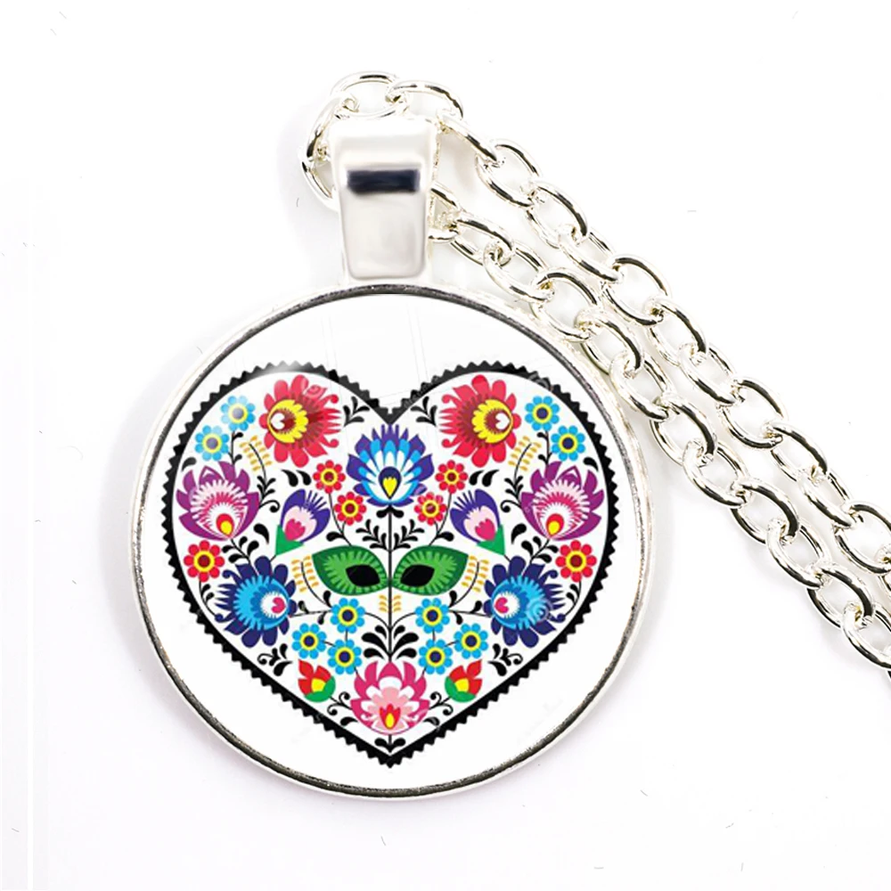 Ethnic Polish Folk Art Pattern Glass Cabochon Necklace Bohemia Fashion Flower Print Round Jewelry Pendant For Women Men Gift