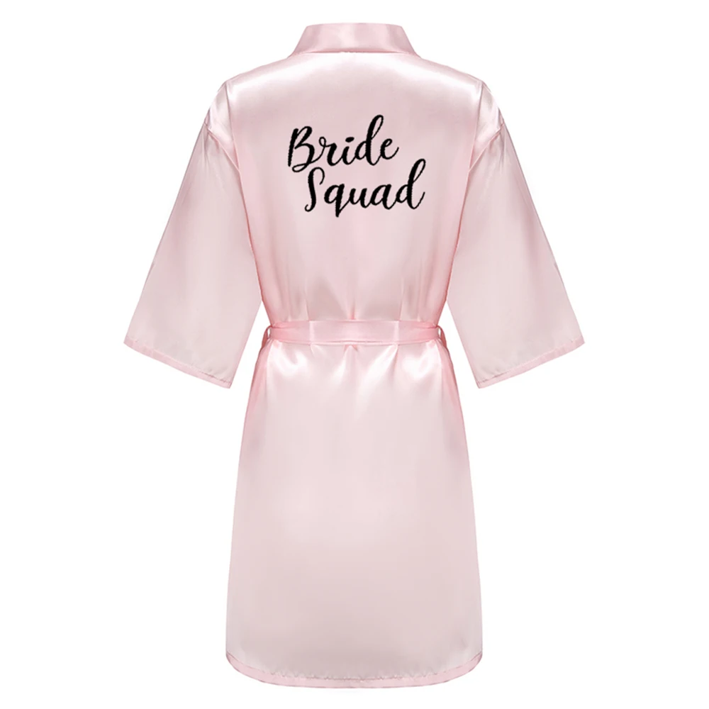 New Pink Wedding Team Bride Squad Maid of Honor Robe Bridal Party Satin Dressing Gowns For Women Black Letter Writing Bathrobe