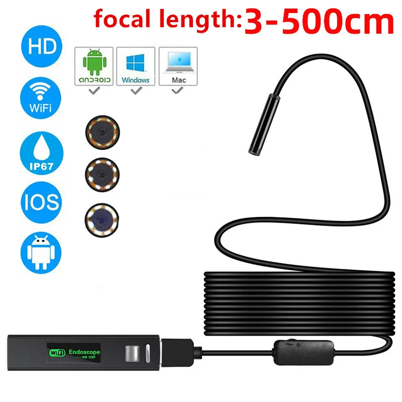 Wifi far focal length endoscope 8 LED light HD waterproof lens industrial pipe inspection car repair suitable for smartphone VCR