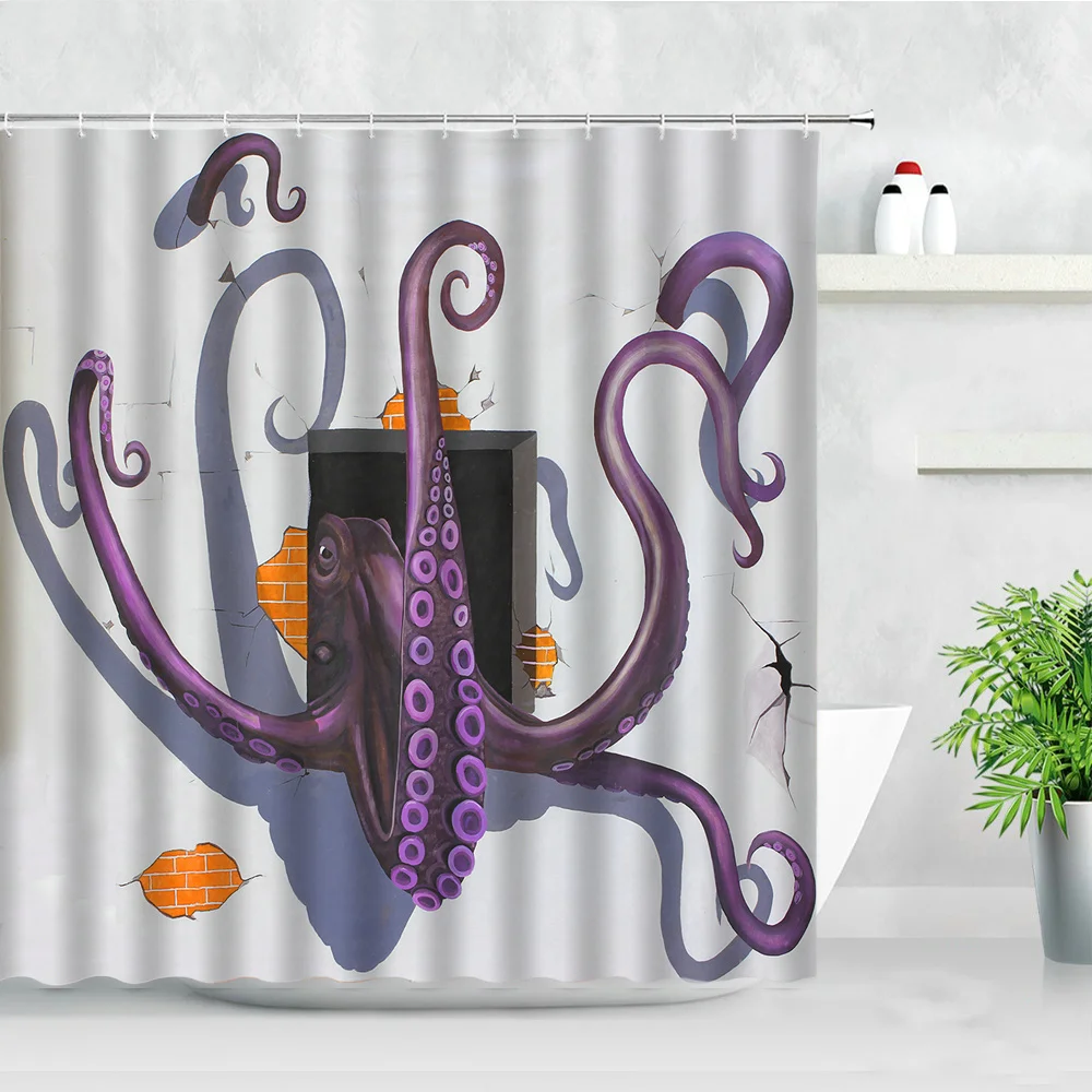 Cartoon Waterproof Shower Curtain Funny Octopus Break Wall Creative Print Home Bathtub Decor Polyester Fabric Bathroom Curtains