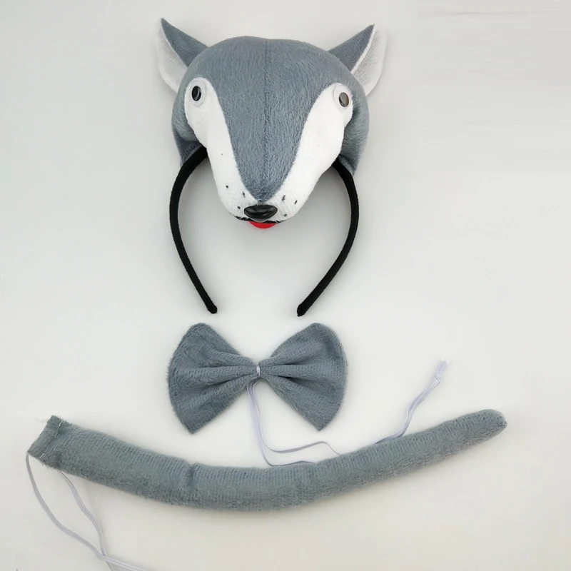 Adult Kids Children Grey Animal Wolf  Fox Headband Bow Tie Tail Set Props Party Halloween Costume Cosplay