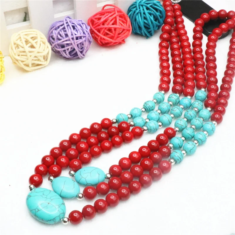 New arrival red artificial coral charms calaite stone turquoises 8mm beads diy semi-precious necklace making 18 inch BV113