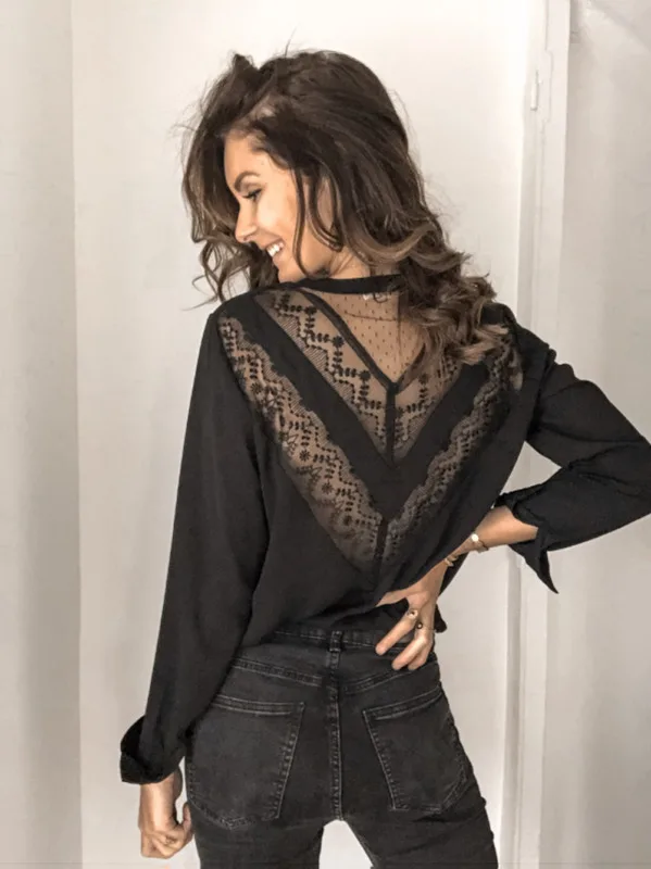 Women Chiffon V-Neck Blouse Summer Autumn Casual Long Sleeve Lace Solid Tops Loose Elegant Chic Bluses Shirts Plus Size