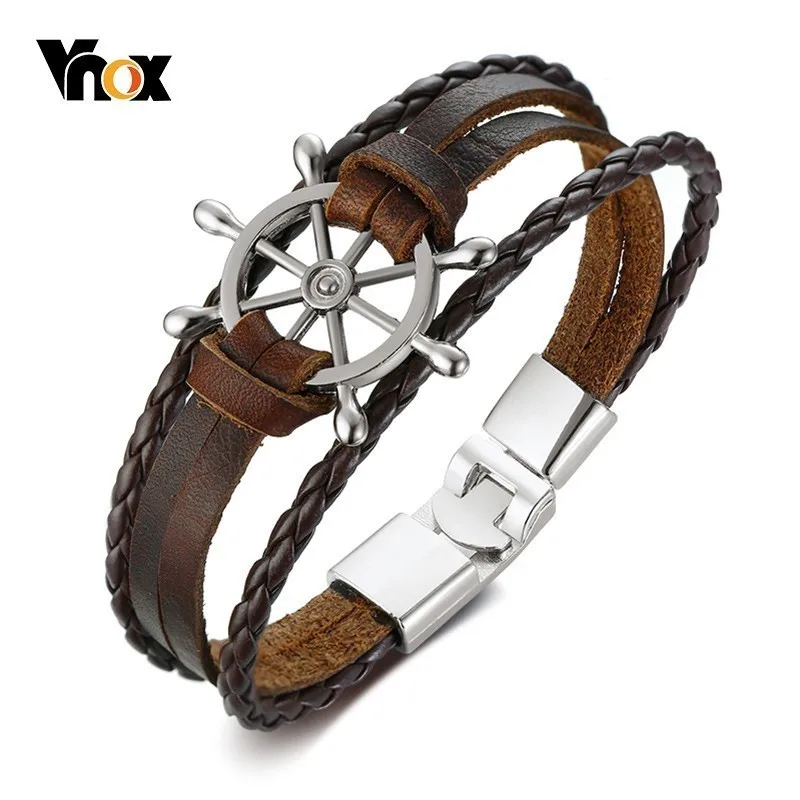 Vnox Vintage Rudder Charm Bracelet for Men Multi-layer Leather Rope Bracelets Bangles 7.87\