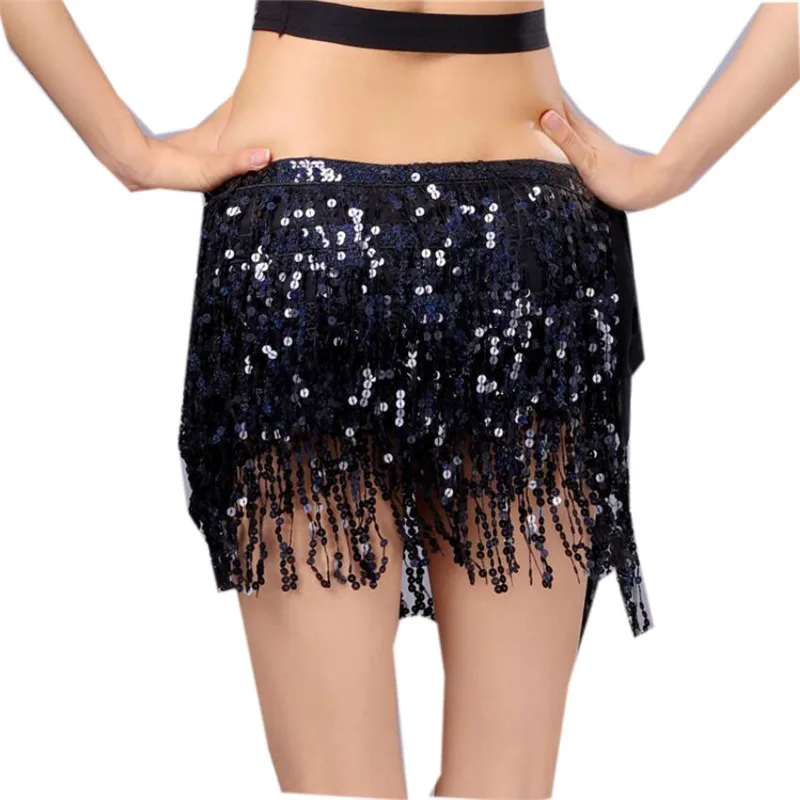 Women\'s Sequin Skirt Glitter Belly Dance Hip Mini Tassel Scarf Rave Wrap Belt Stage Performance Party Costume Cowgirl Outfit