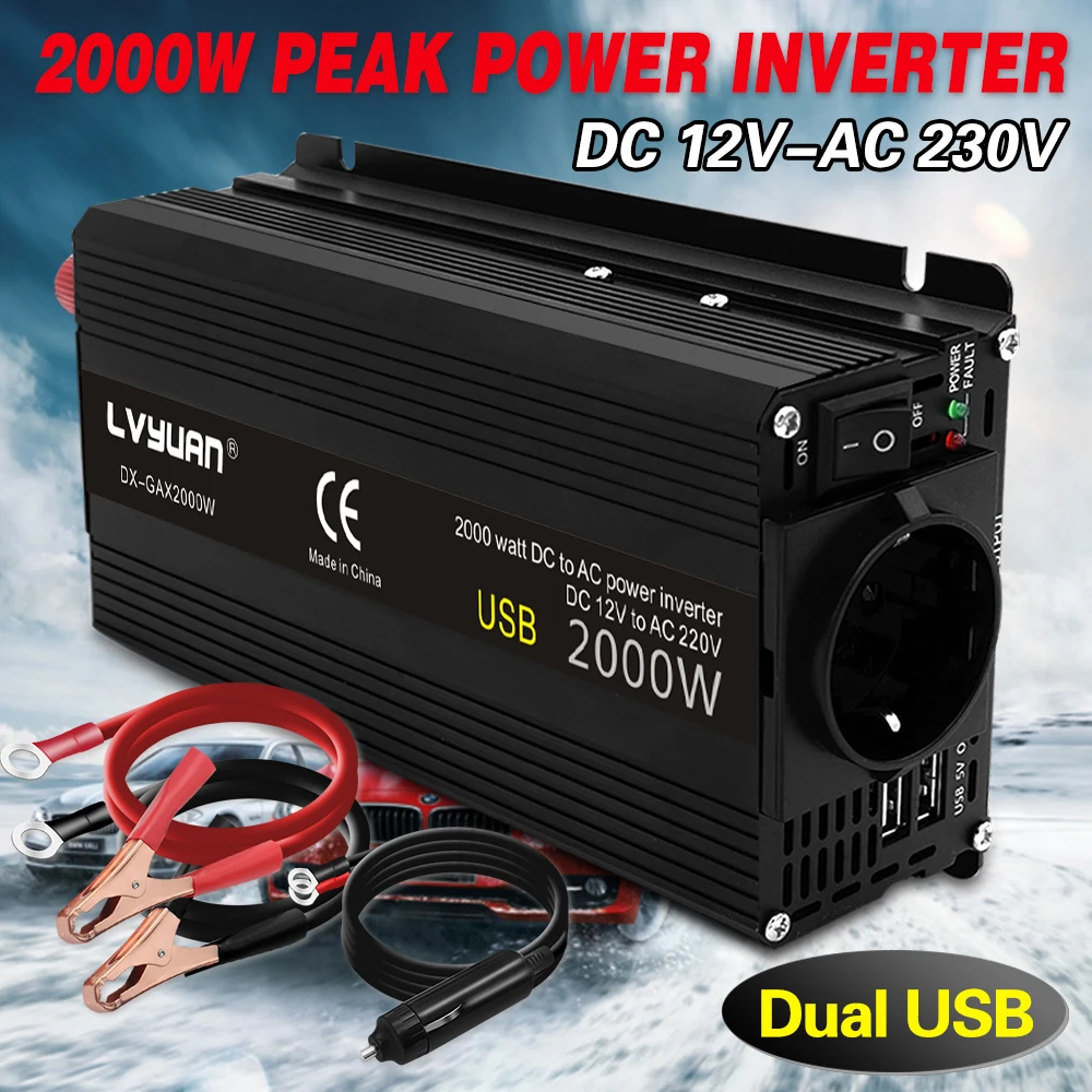 2000W Power Inverter DC 12V to AC 220V 2300V Solar Voltage Converter EU Socket Car Cigarette Lighter Plug Black Auto Accessories