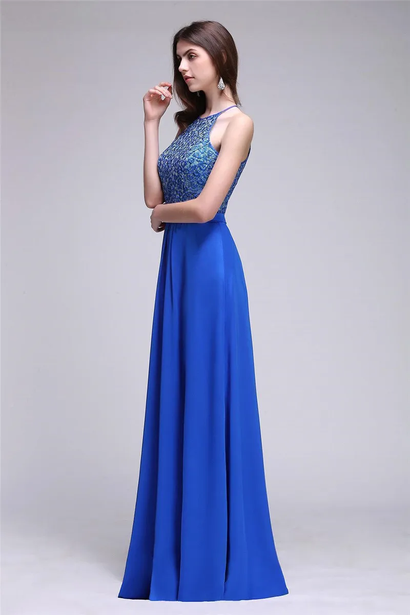 A-line Sequins Royal Blue Long Lace Evening Dress Long Luxury 2021 Halter Neck Vestido De Festa Sexy Backless Evening Gowns