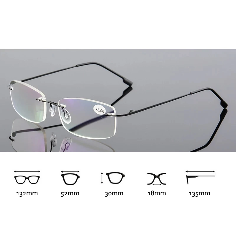 May Flower Memory Titanium Rimless Reading Glasses Fashion Blue Anti-Light Glasses Men Square Farsight Glasses For Women +3+3.5