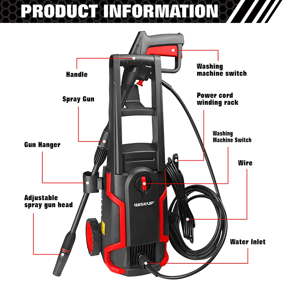 WISEUP 1400W High Pressure Washer Electric Pressure Cleaner Portable Cars Washing Machine Adjustable Spray Nozzle Cleaning Tools