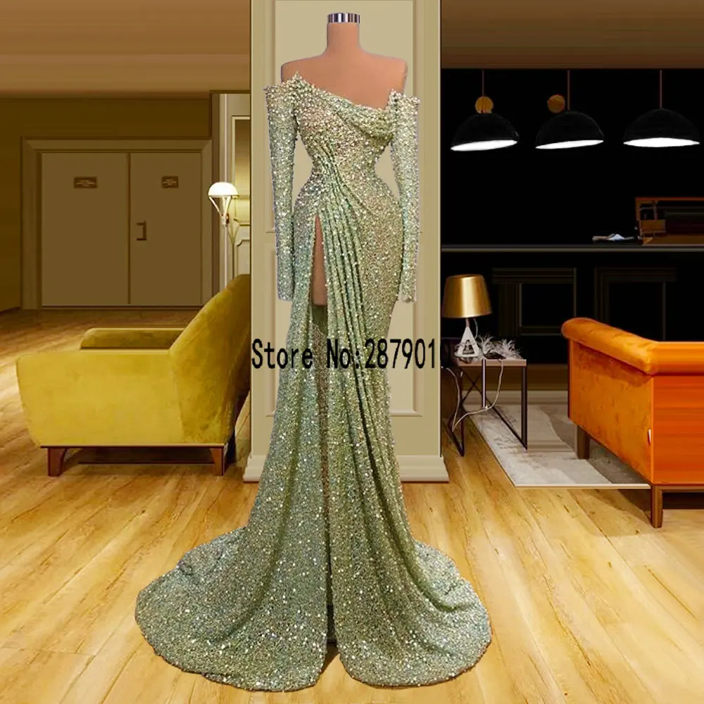 Light Green Mermaid Evening Dresses Boat Neck Sexy High Split Evening Gowns Long Sleeve Formal Dress